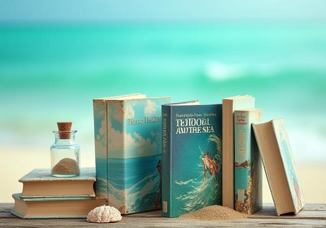 Pabalat ng mga libro na may temang dagat o isla. Kitang-kita ang pabalat ng 'The Old Man and the Sea'.